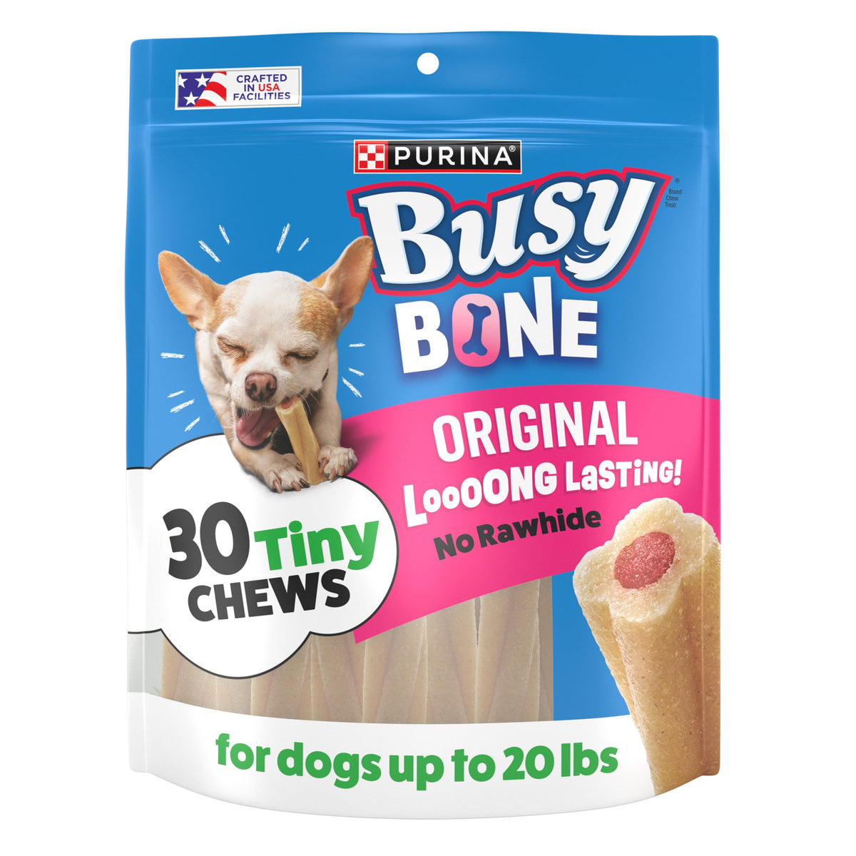 Purina Busy Bone Tiny centre viande: récompense savoureuse sans cuir cru.