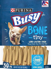 Purina Busy Bone Tiny forme tordue: attractivité visuelle et mastication continue.