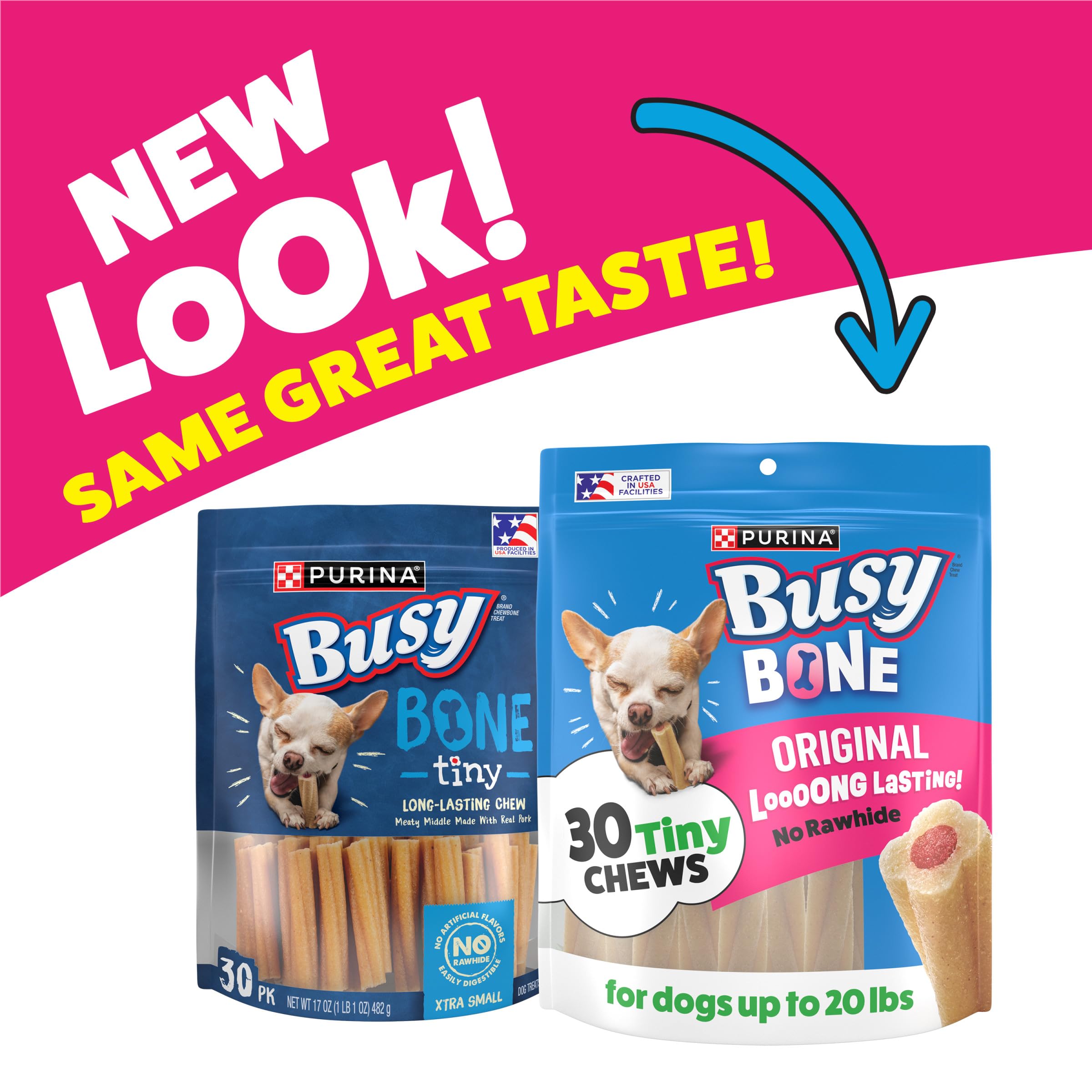 Purina Busy Bone Tiny texture allongée: mastication prolongée et engagement assuré.