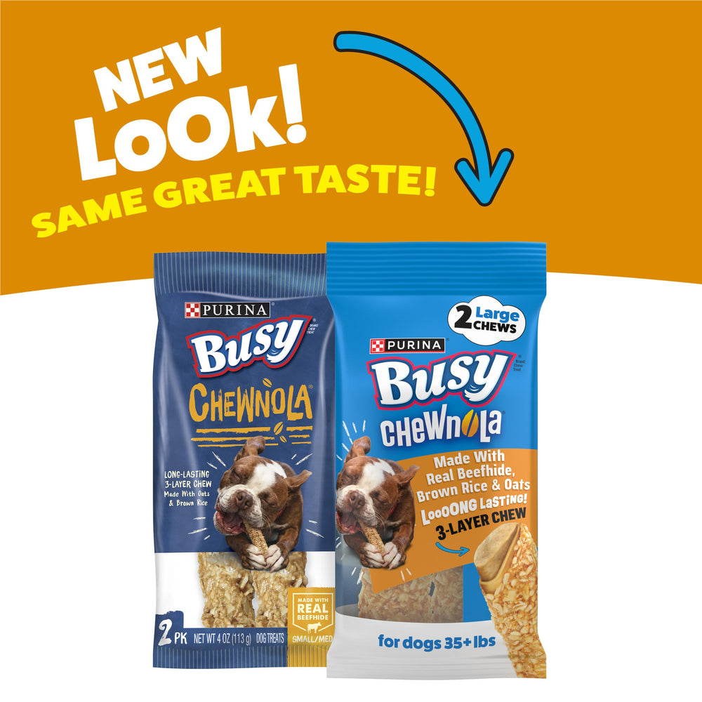 Purina Busy Chewnola centre peau de boeuf, saveur gourmande et durable.