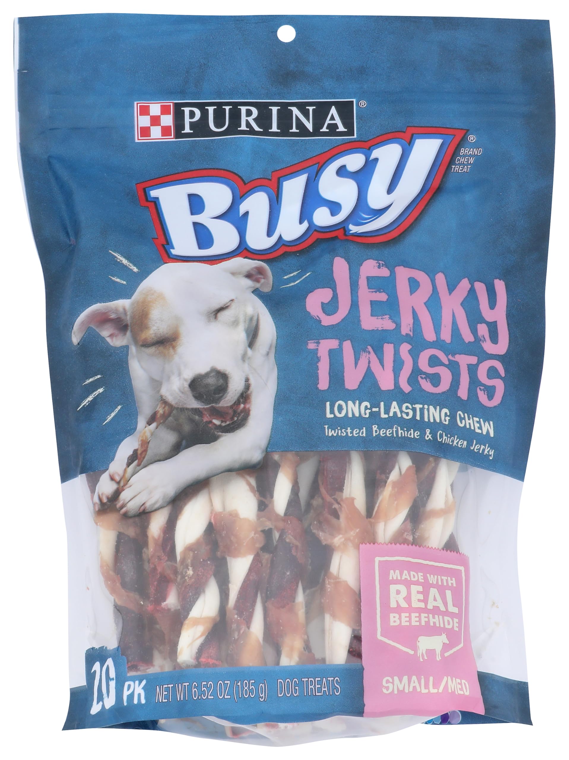 Purina Busy friandises torsades viande séchée emballage, récompense pratique après l'entraînement.
