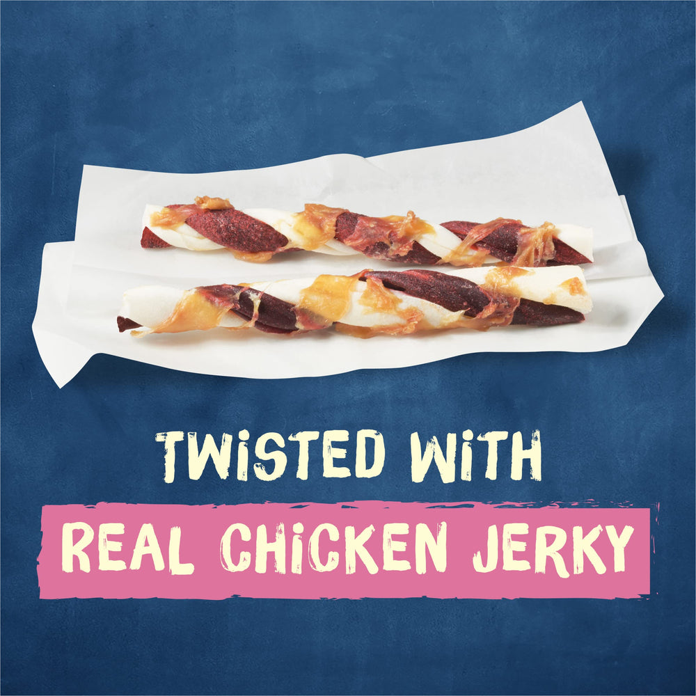 Purina Busy Jerky Twists poulet, morceaux torsadés pour récompenser lors d'un jeu.