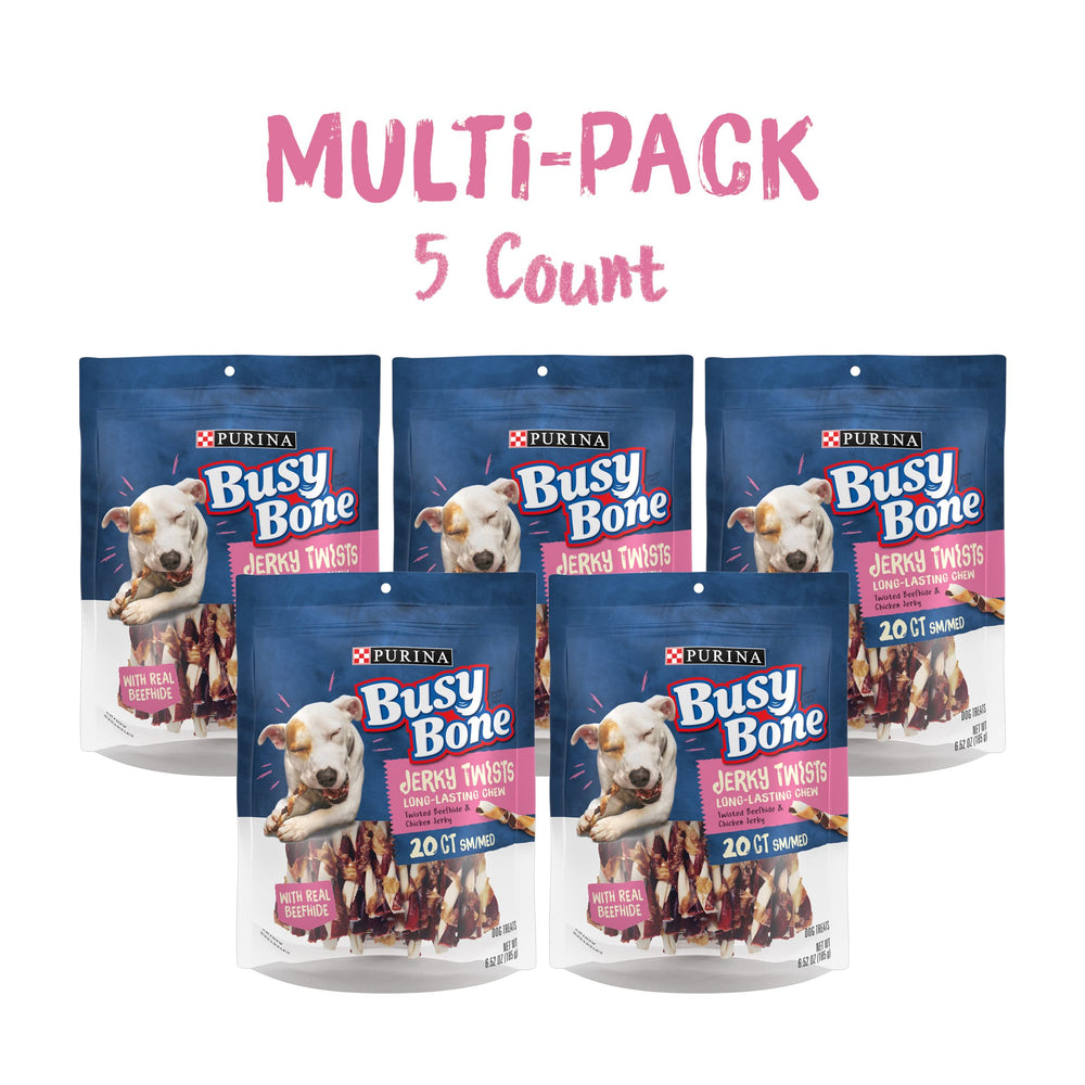 Purina Busy Jerky Twists boeuf, texture dense pour mastiquer plus longtemps.