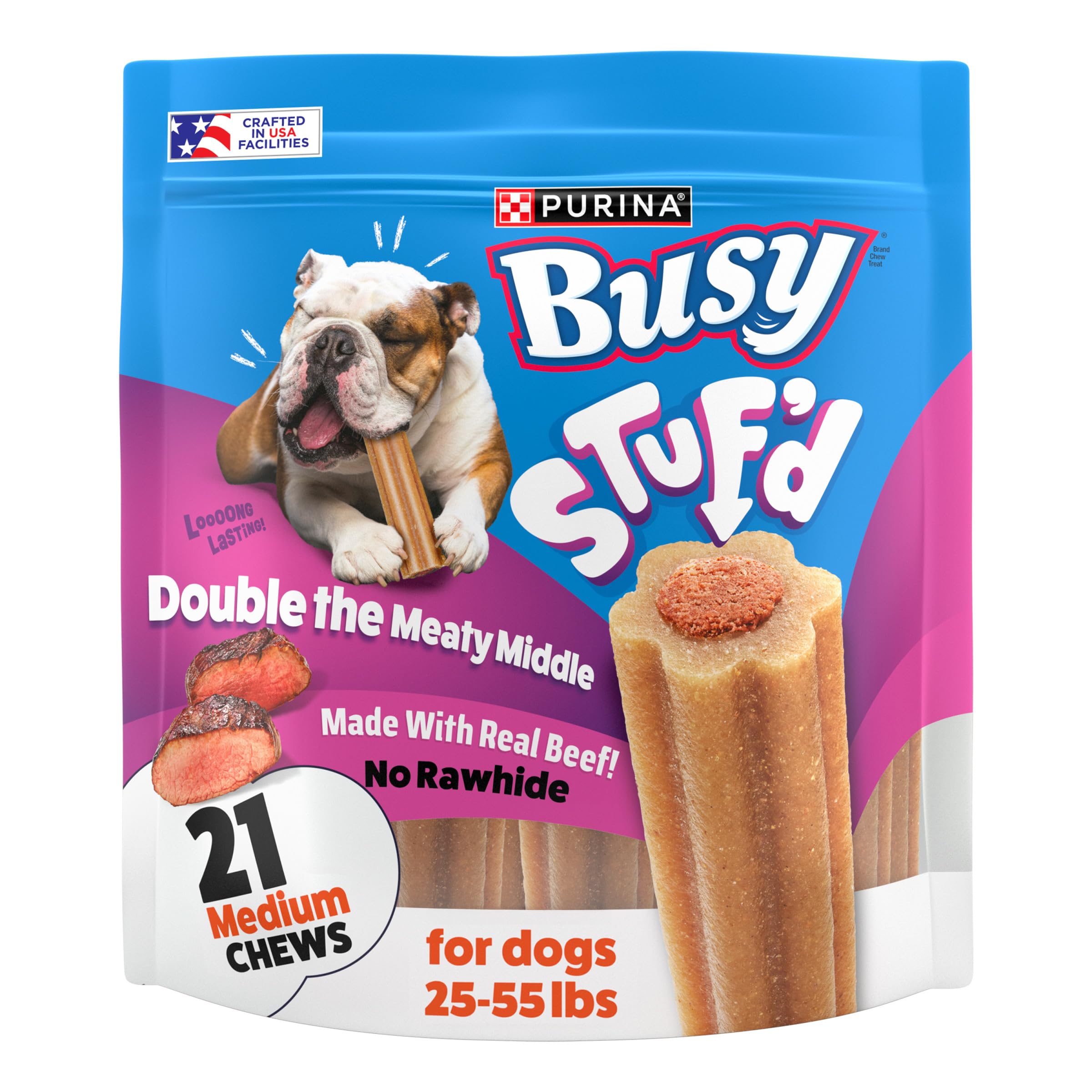 Purina Busy Stuf’d, os rempli au boeuf pour chien moyen, stimulation de la mastication.