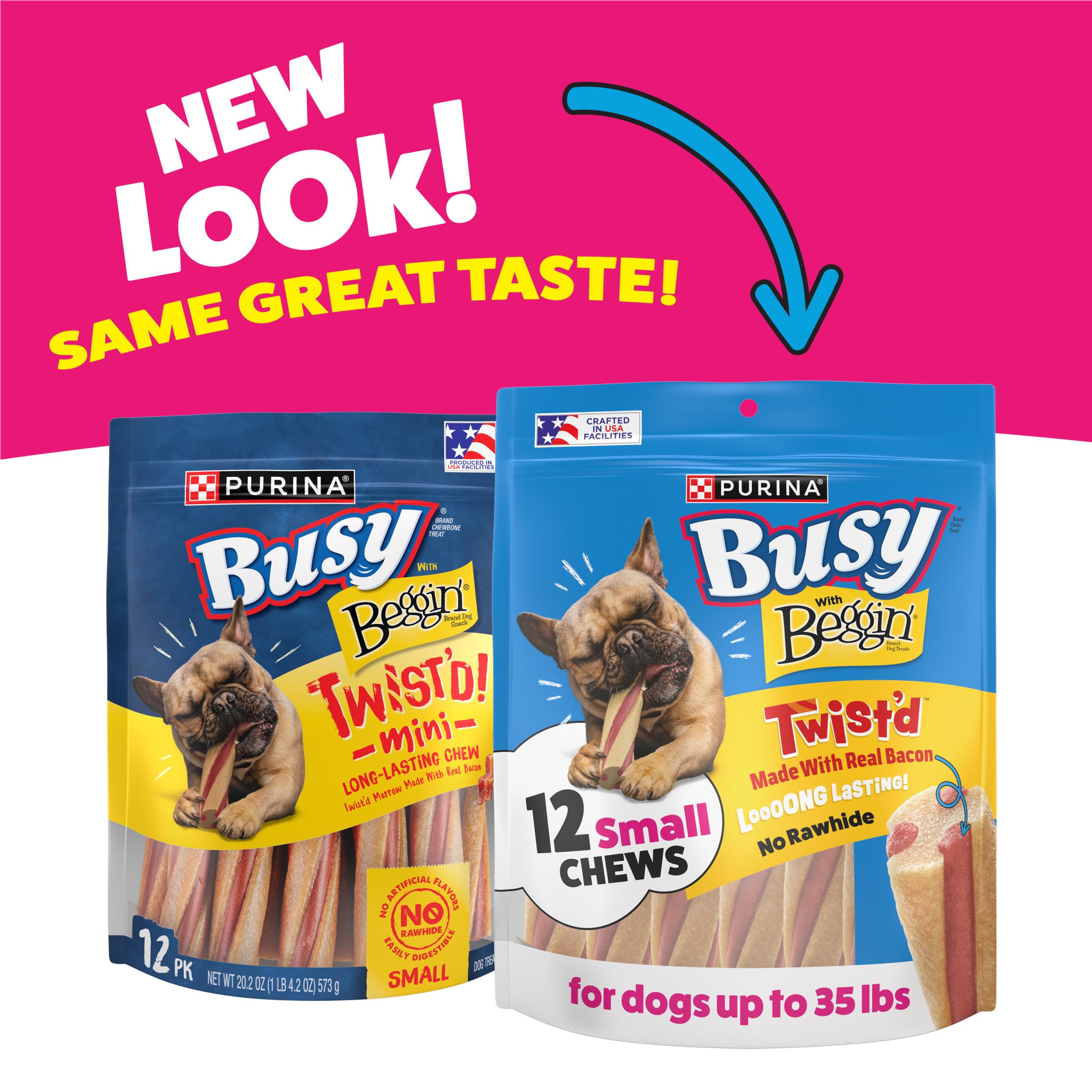 Purina Busy Beggin’ Twist’d mini, sachet ouvert, stimulant la mastication.