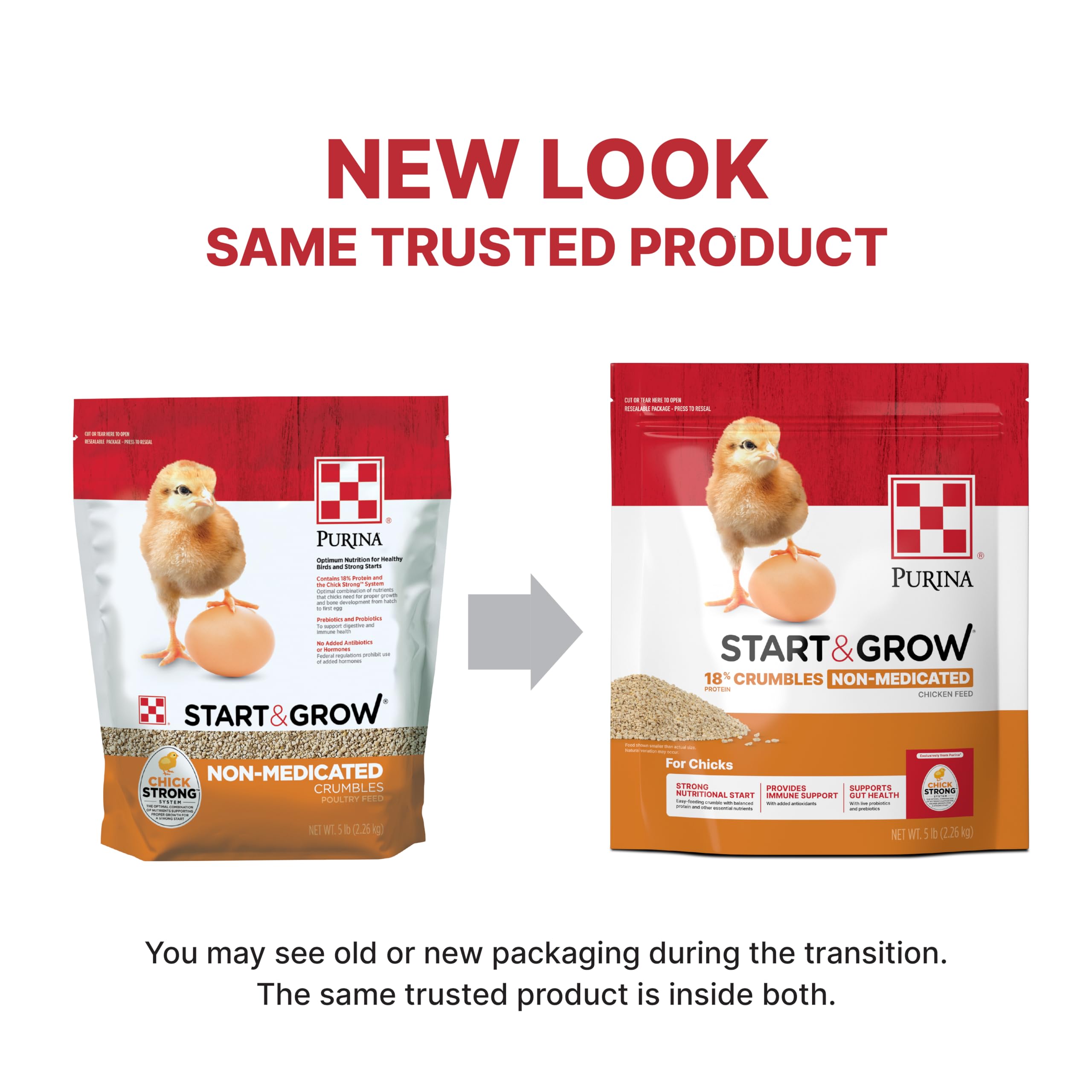 Purina Start and Grow, emballage coloré, produit attractif pour élevage de poussins.