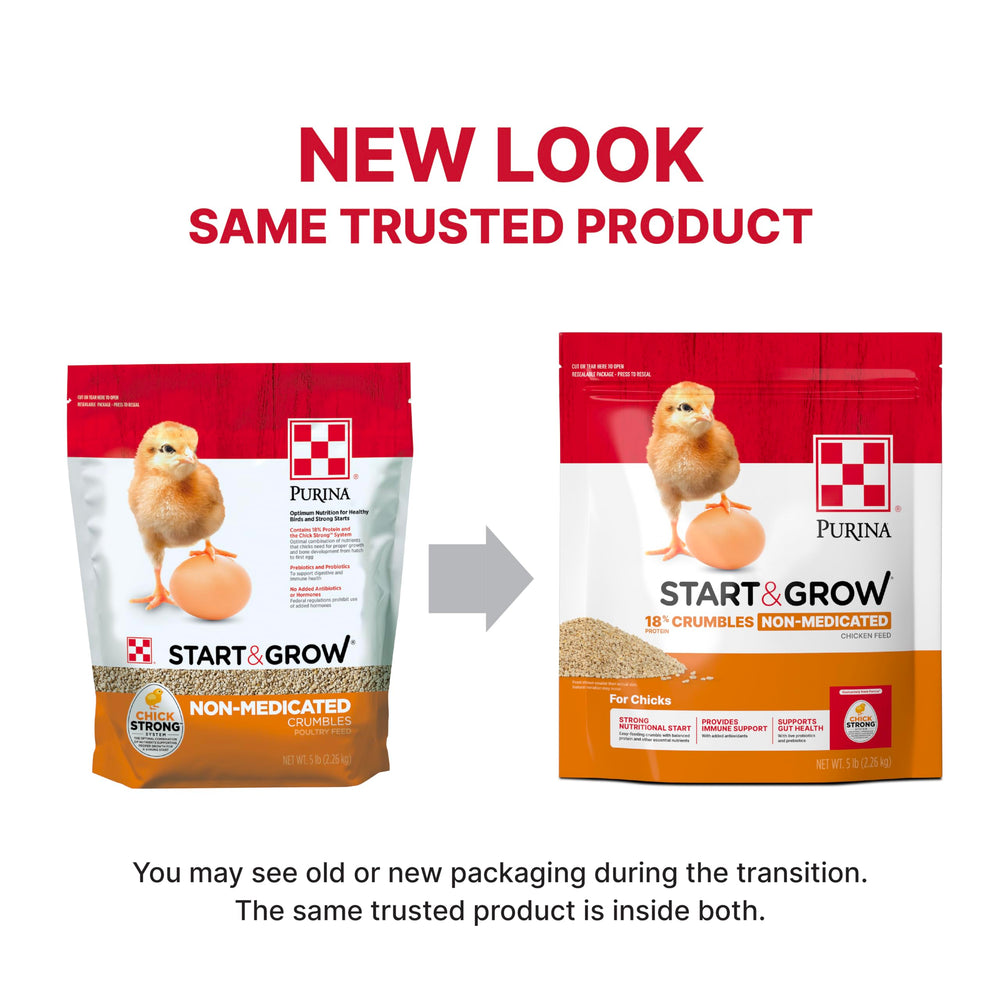 Purina Start and Grow, emballage coloré, produit attractif pour élevage de poussins.