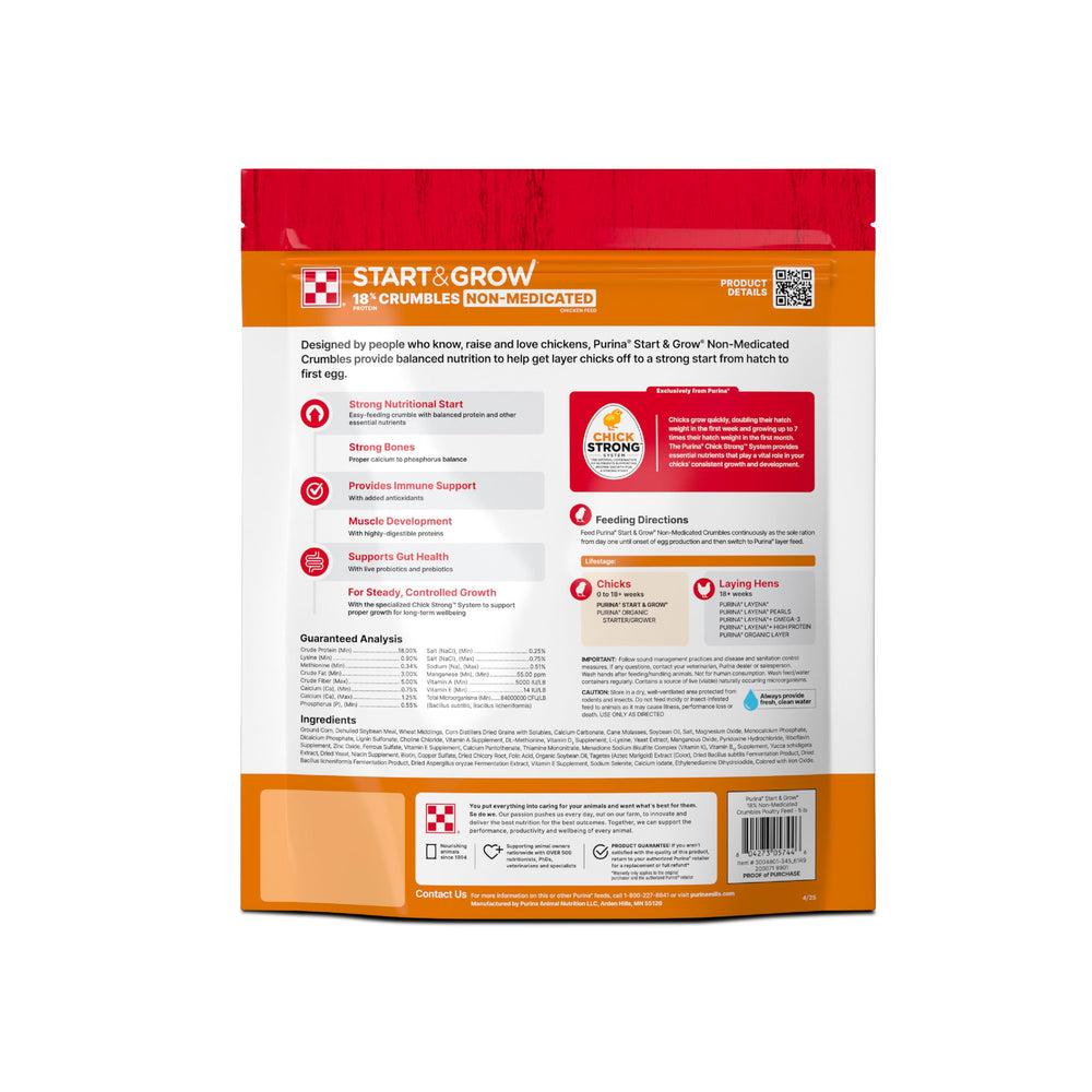 Purina Start and Grow, sac de 5 livres, alimentation complète pour poussins.