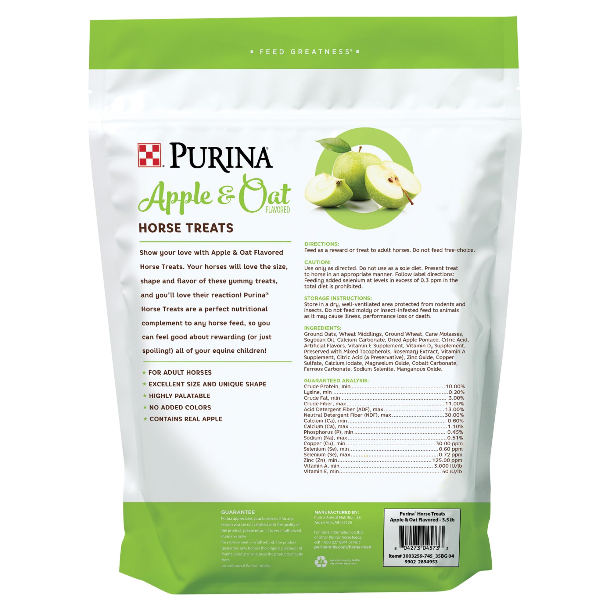 Purina friandises pomme et avoine pour chevaux, formes ludiques stimulant l'intérêt et le goût.