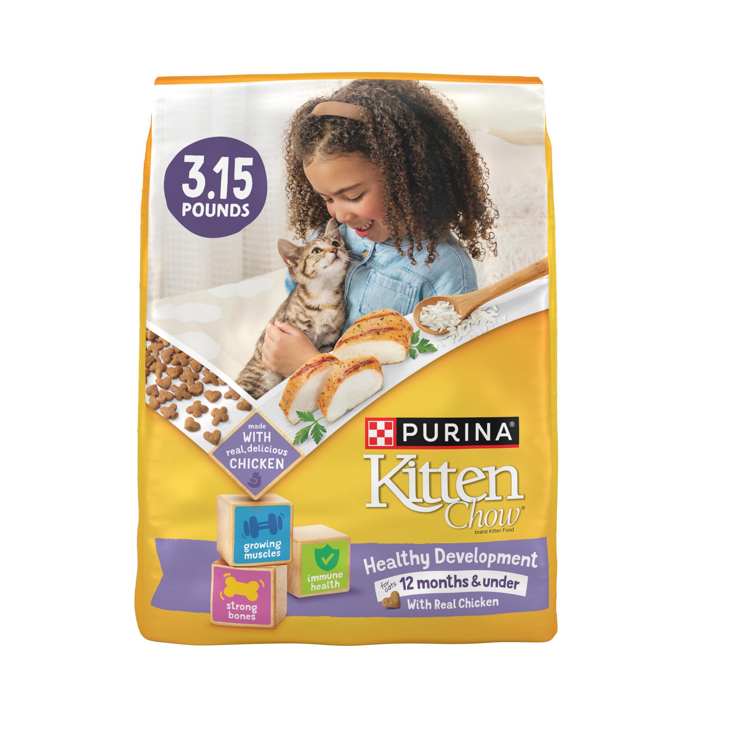 Purina Kitten Chow emballage attrayant montrant le design et l’emballage.