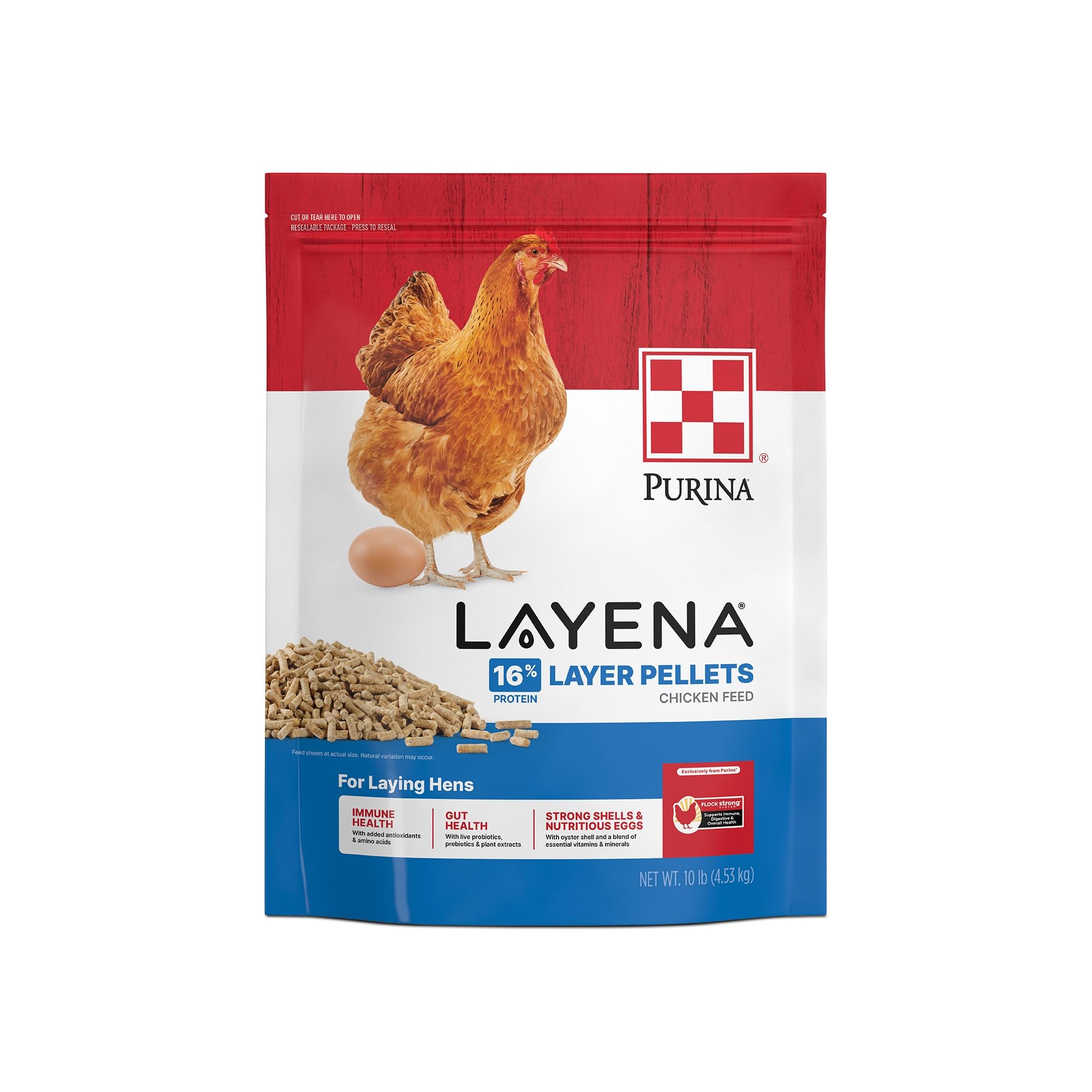 Purina Layena Pellets emballage pratique 10 livres pour stocker facilement.