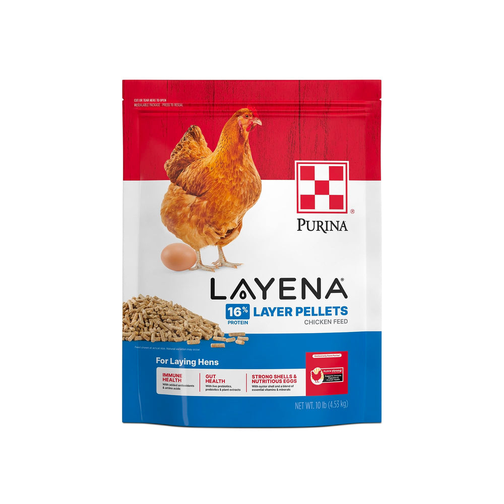 Purina Layena Pellets emballage pratique 10 livres pour stocker facilement.