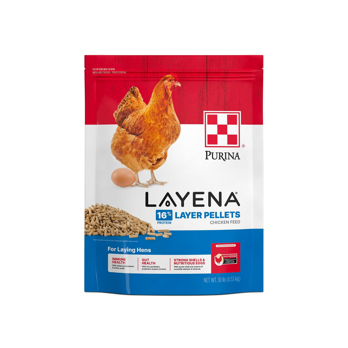Purina Layena Pellets emballage pratique 10 livres pour stocker facilement.