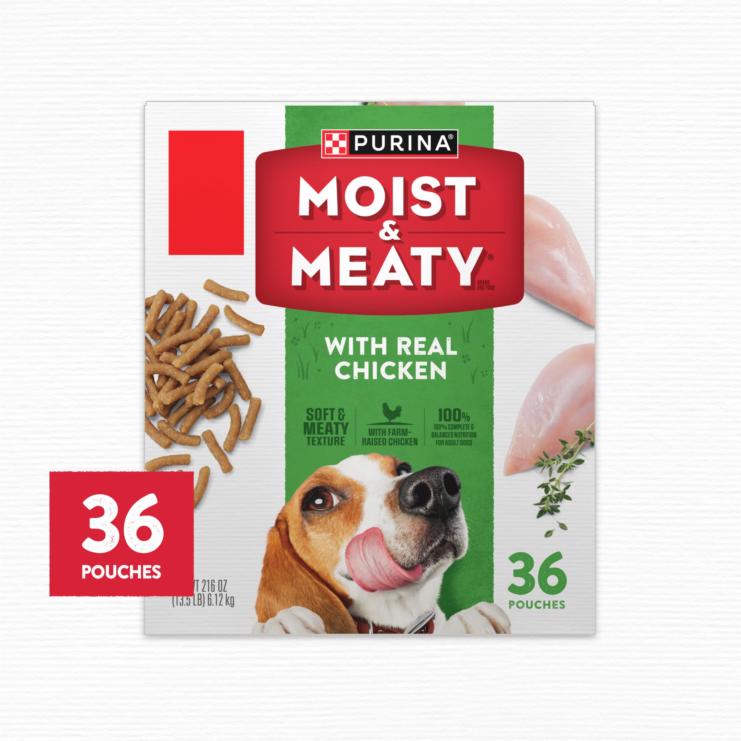 Purina Moist and Meaty morceaux poulet réel visibles, appétit du chien favorisé.