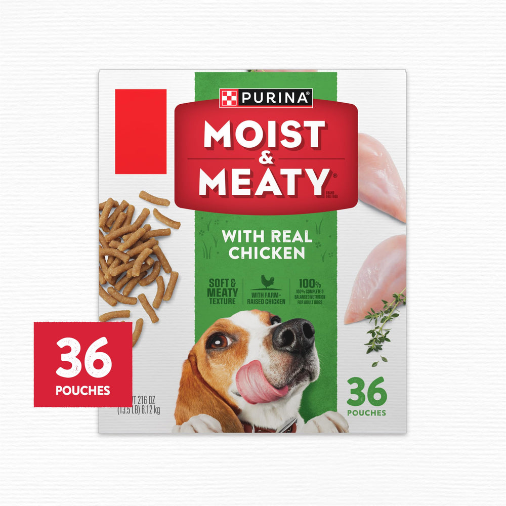 Purina Moist and Meaty morceaux poulet réel visibles, appétit du chien favorisé.