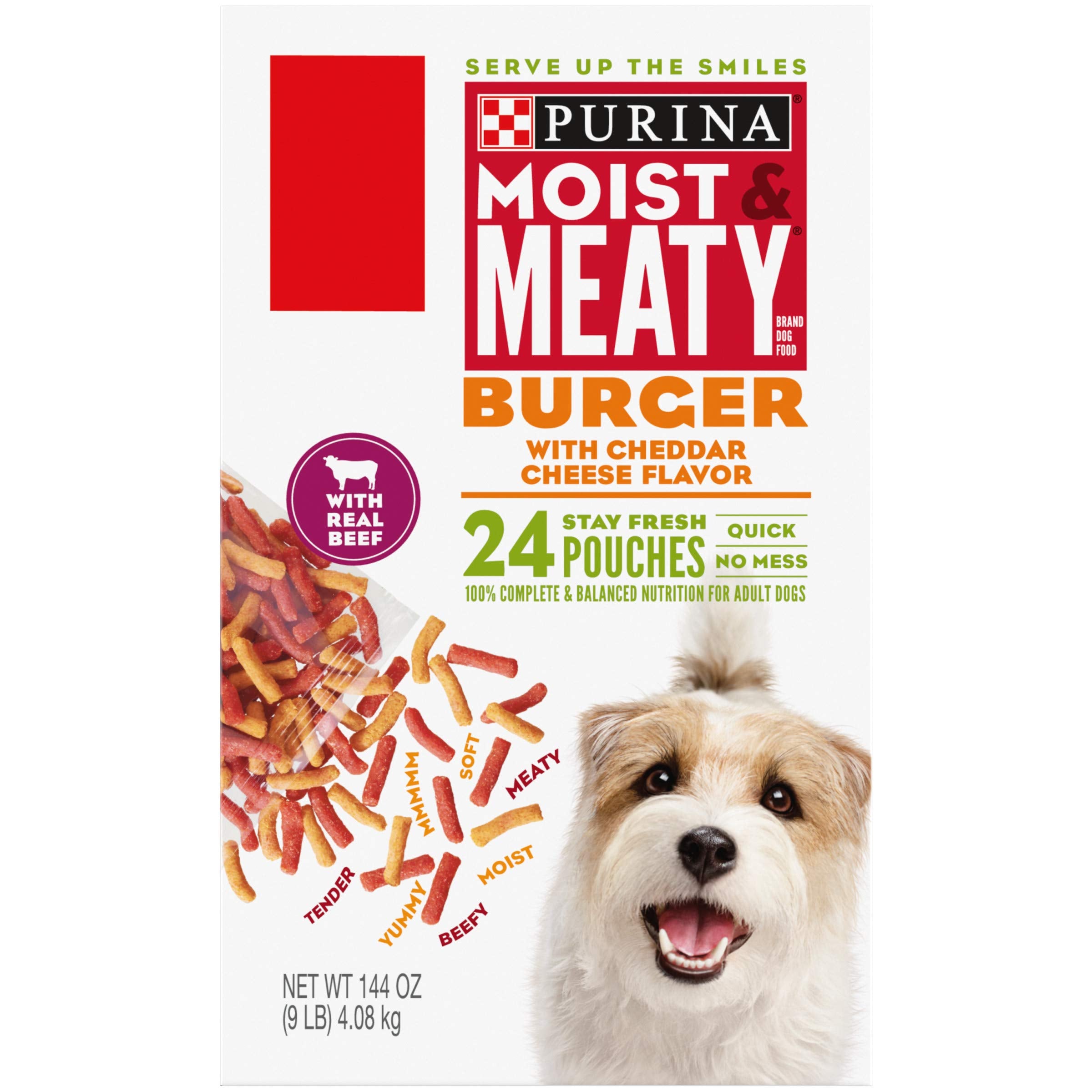 Purina Moist Meaty boeuf reel, goût riche et appétissant.