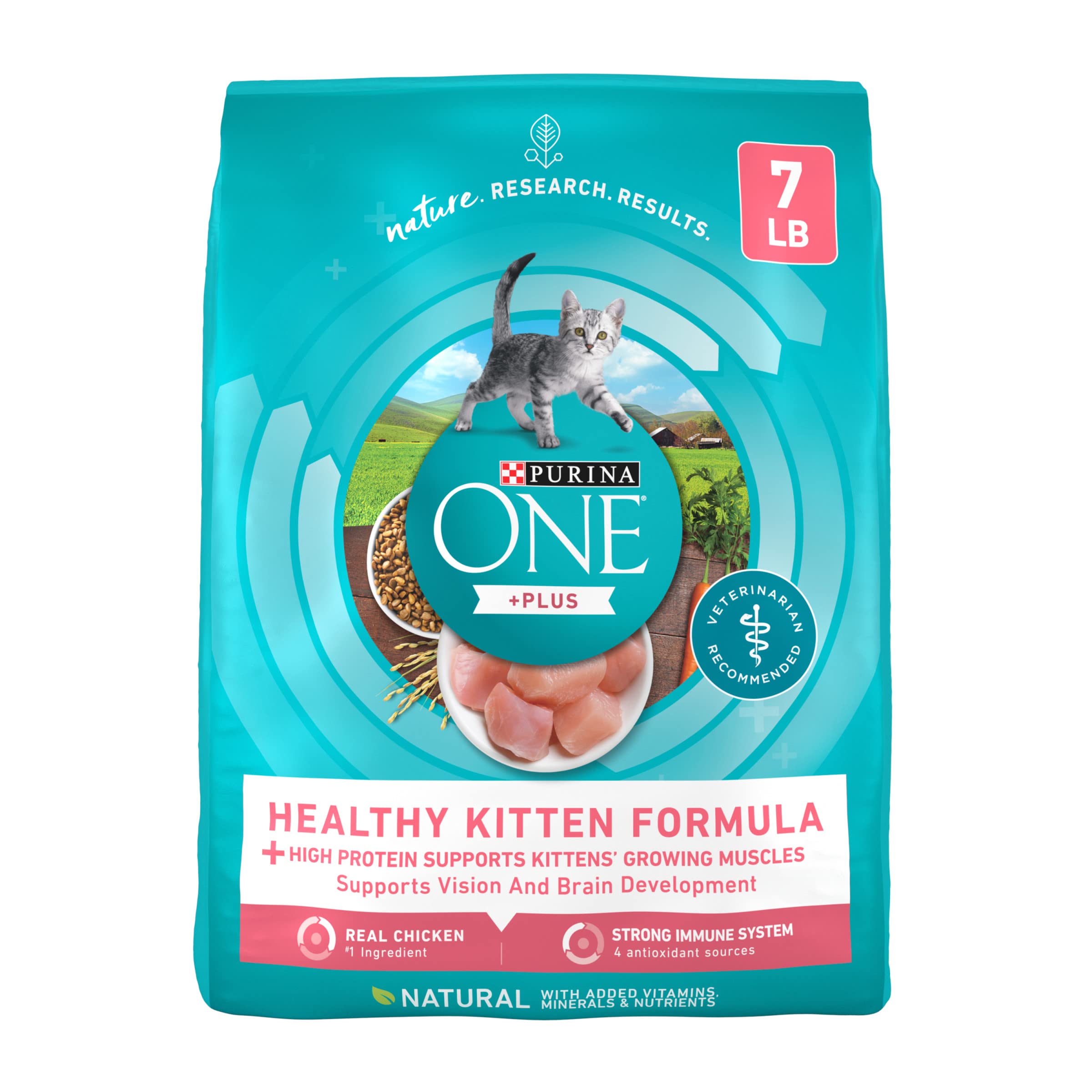 Purina ONE chatons, premiers ingrédients poulet, soutient les muscles en croissance.
