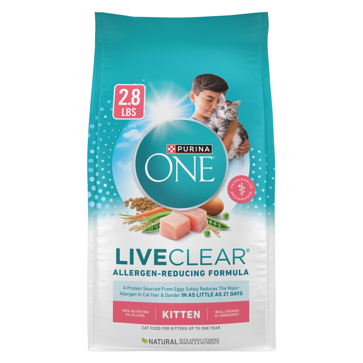 Purina ONE LiveClear chaton premier ingrédient poulet, goût apprécié et nutrition équilibrée.