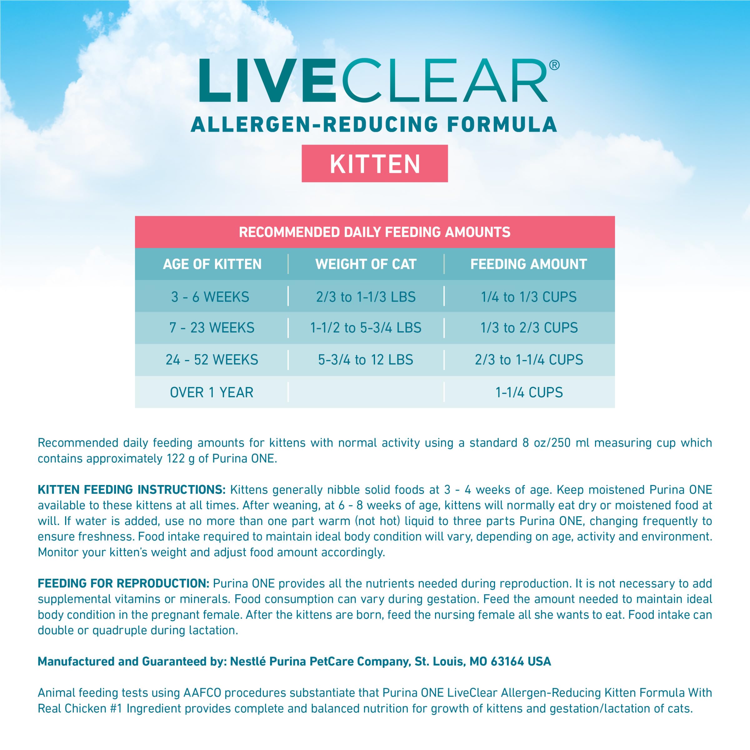 Purina ONE LiveClear DHA soutient vision et cerveau en développement.