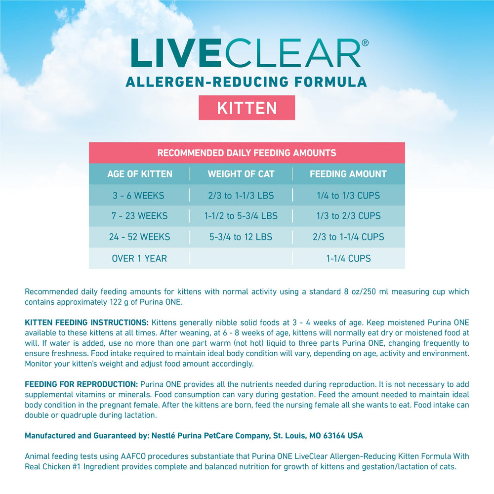 Purina ONE LiveClear DHA soutient vision et cerveau en développement.