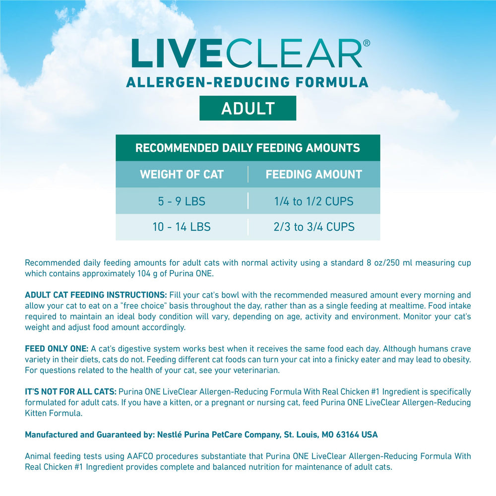 Purina ONE LiveClear poulet réel premier ingrédient, saveur appréciée.