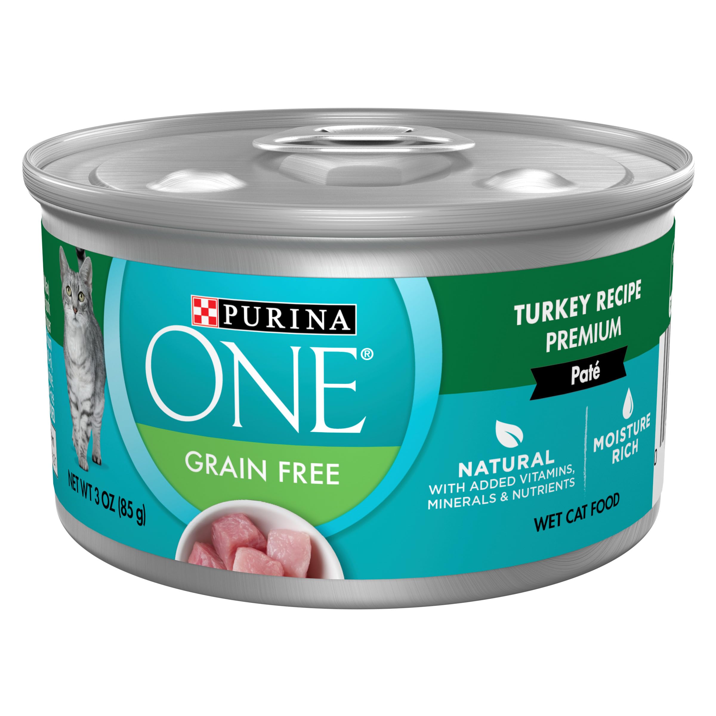 Purina ONE Pâté Chat Dinde, boîte 3oz ouverte, texture humide et goût appétissant.