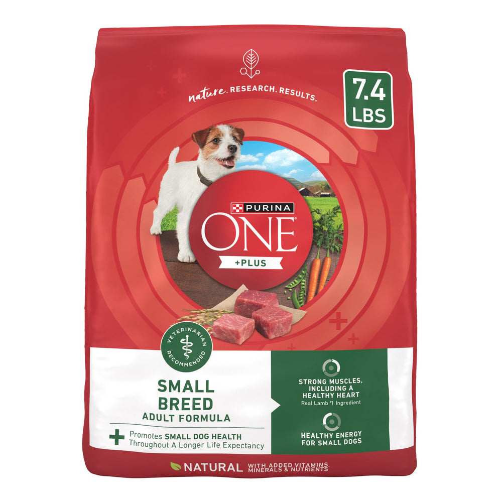 Purina ONE Petite Race avec croquettes agneau et riz, premier ingrédient pour muscles solides.