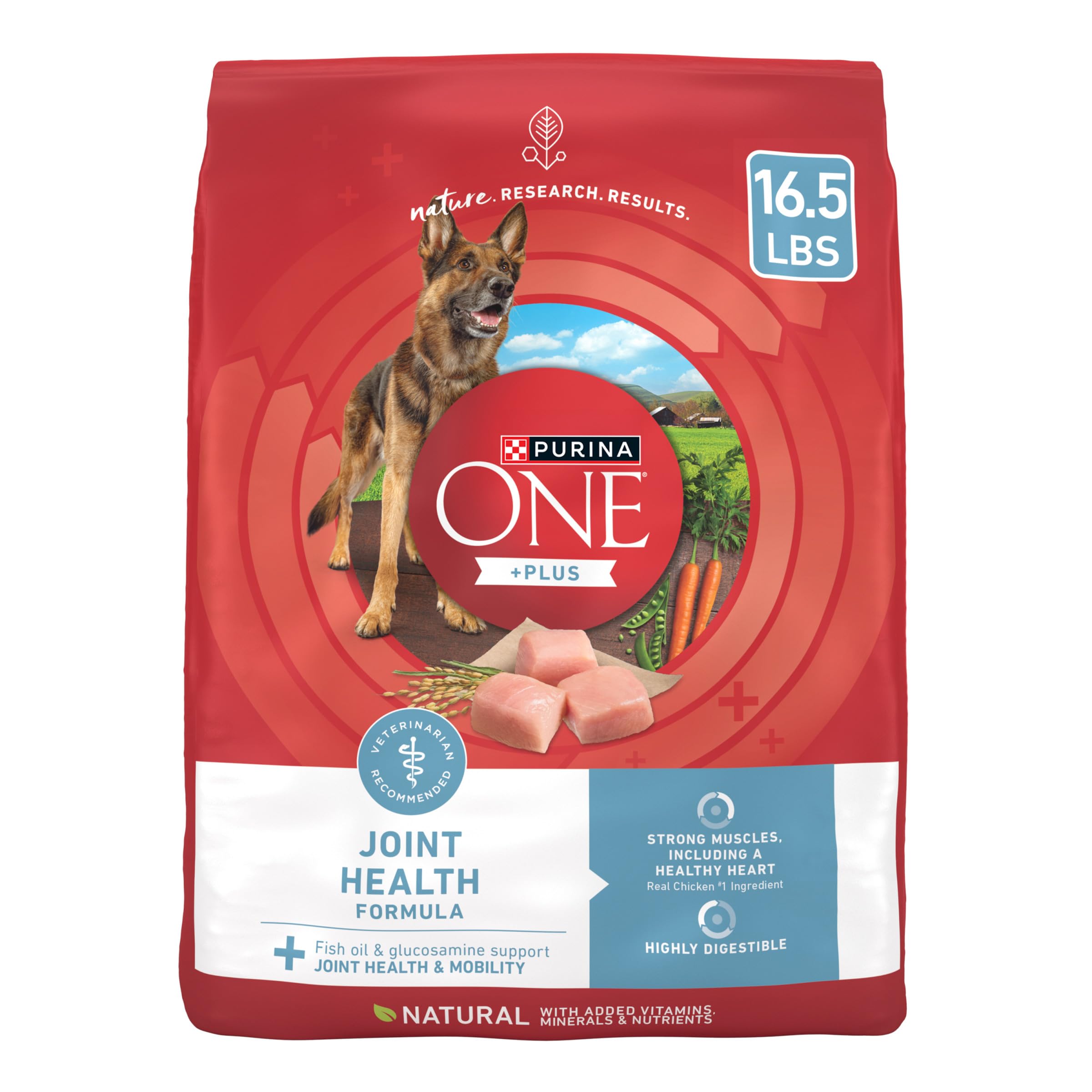 Purina ONE Plus articulations avec poulet, premier ingrédient, soutien musculaire potentiel.