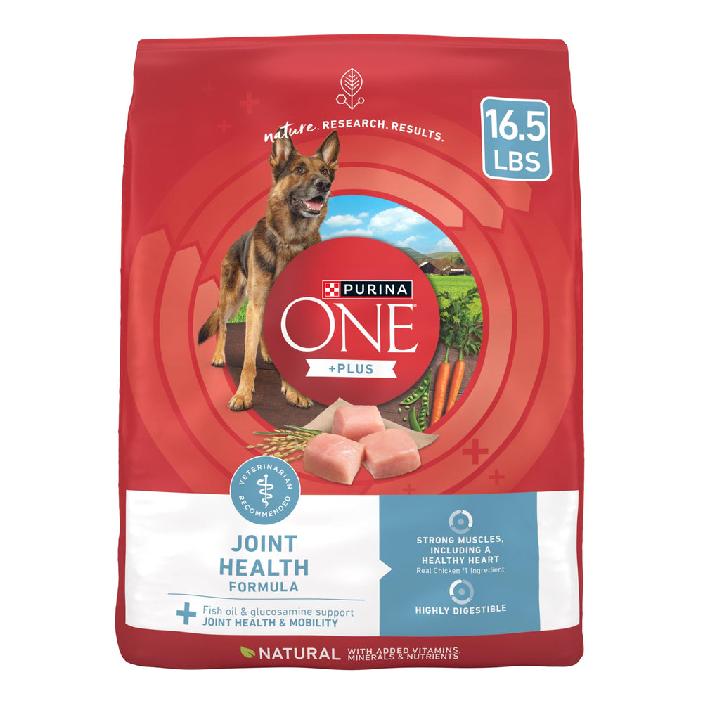 Purina ONE Plus articulations avec poulet, premier ingrédient, soutien musculaire potentiel.