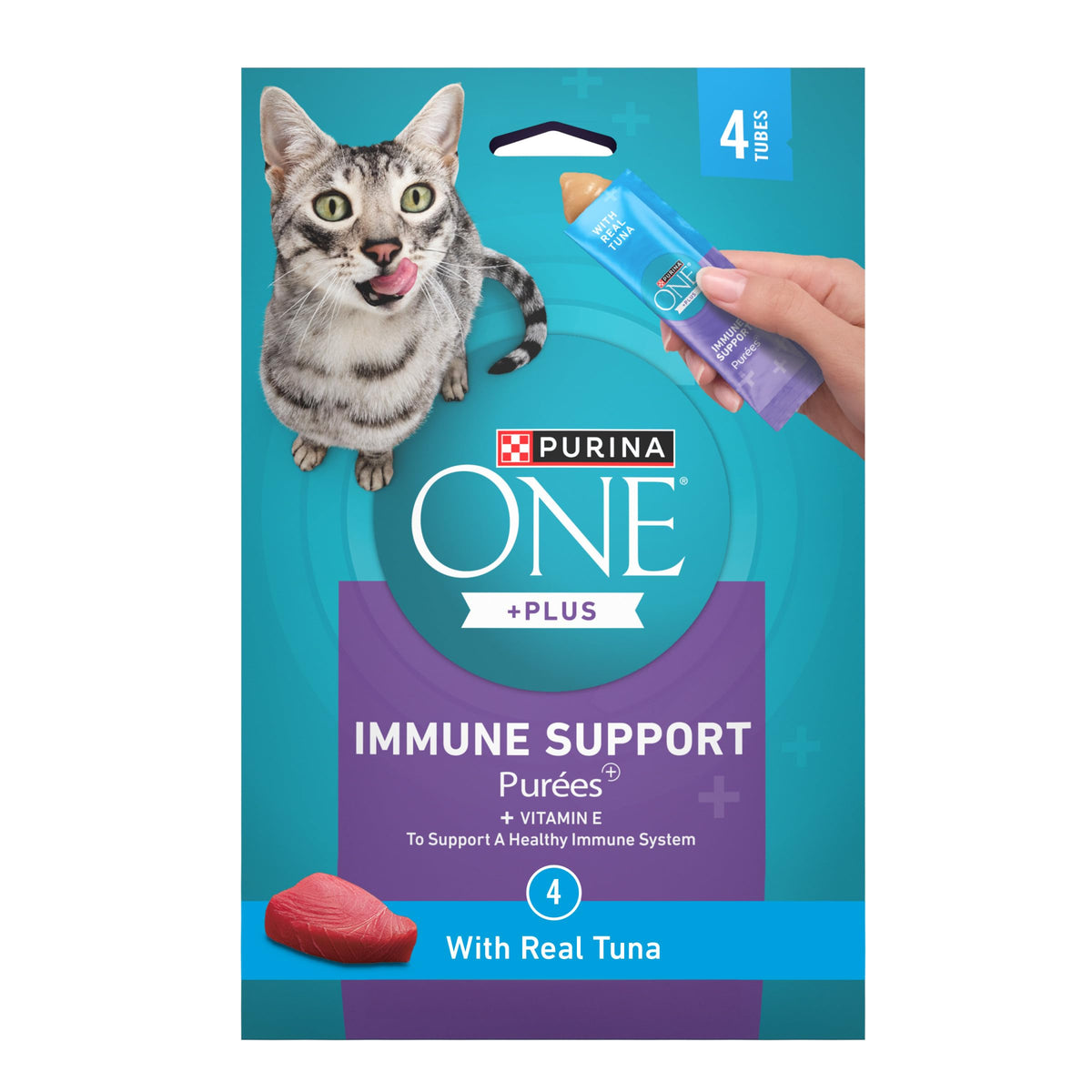 Friandise Purina ONE Plus Immunité au thon en tube pratique pour gâter votre chat.
