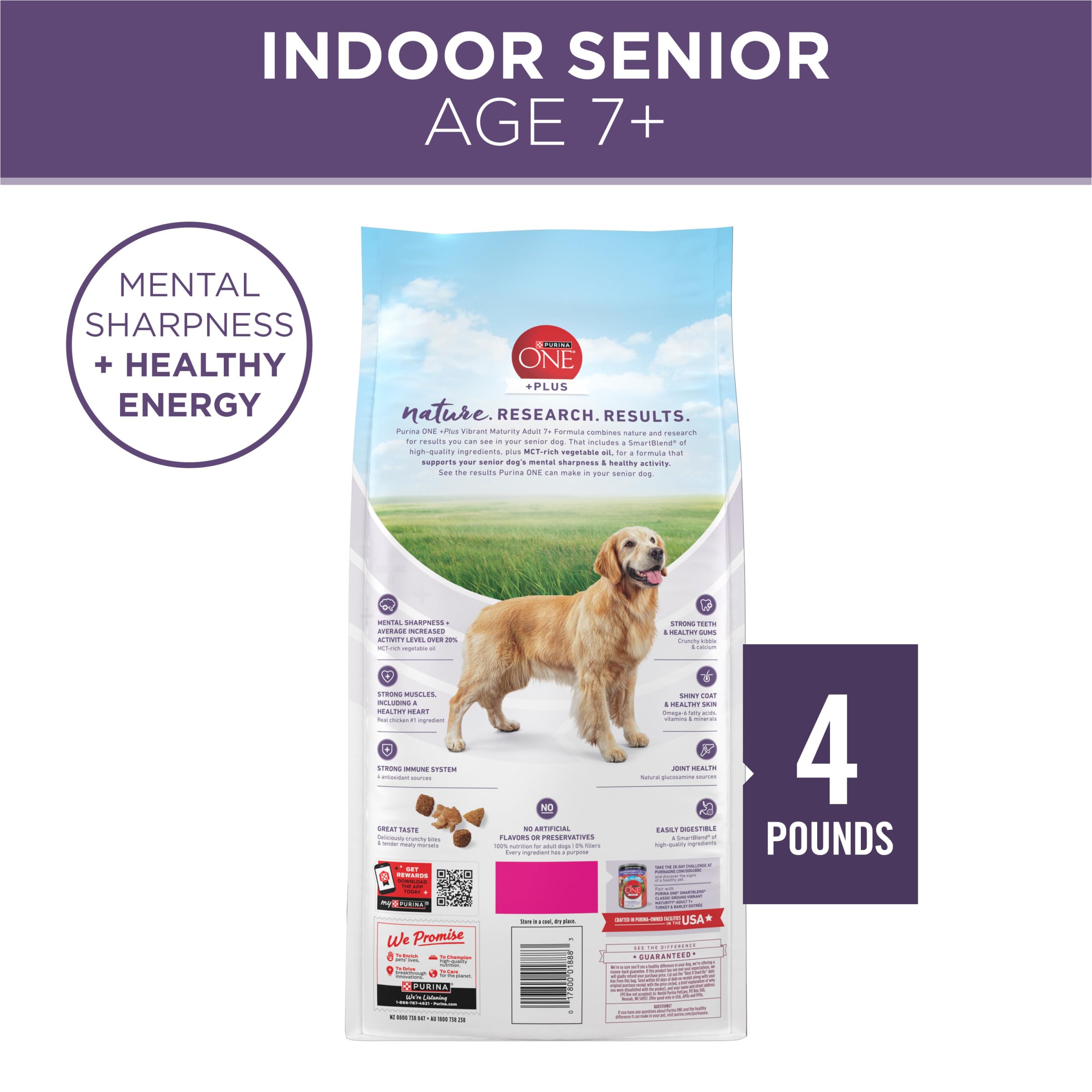 Purina ONE Senior formule complète et équilibrée sans additifs artificiels.