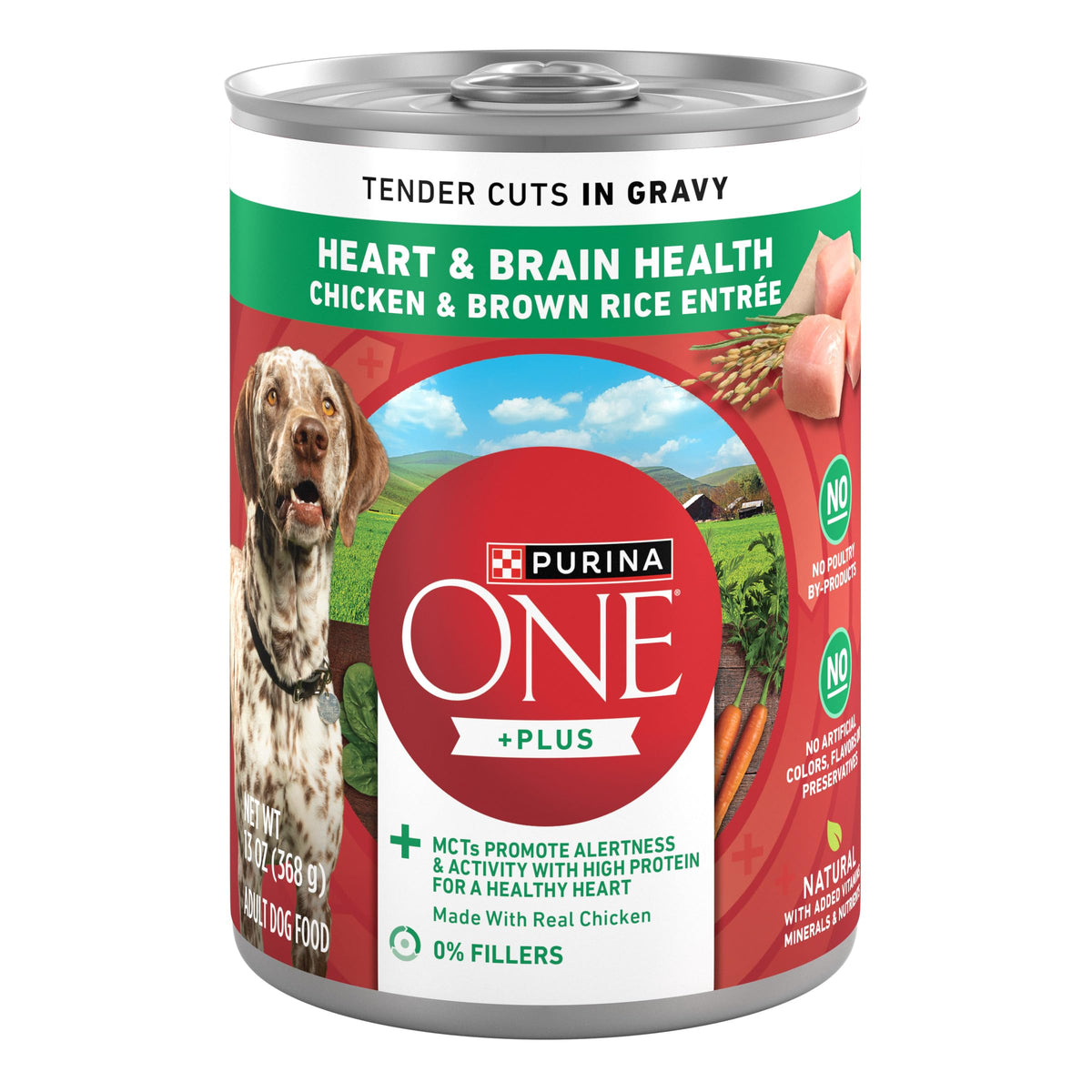 Purina ONE Tender Cuts boîte 13 oz montrant cœur et cerveau, aliment riche pour l'énergie.