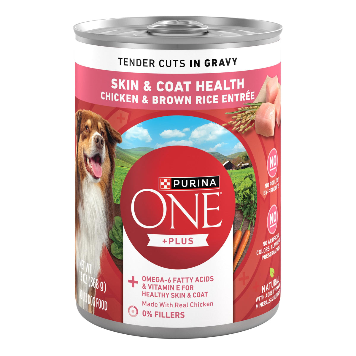 Purina ONE Tender Cuts montre la boîte; peau et pelage sains grâce au poulet et riz brun.