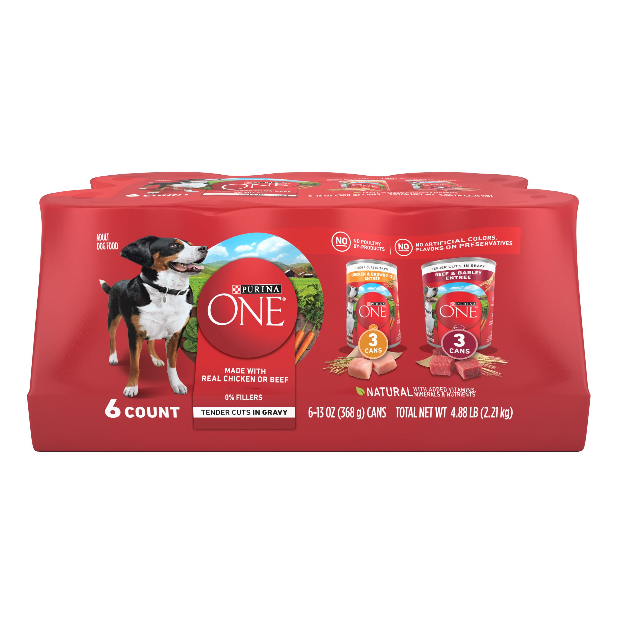 Purina ONE Morceaux Tendres en Sauce poulet-riz-brun, texture gourmande pour chien adulte.