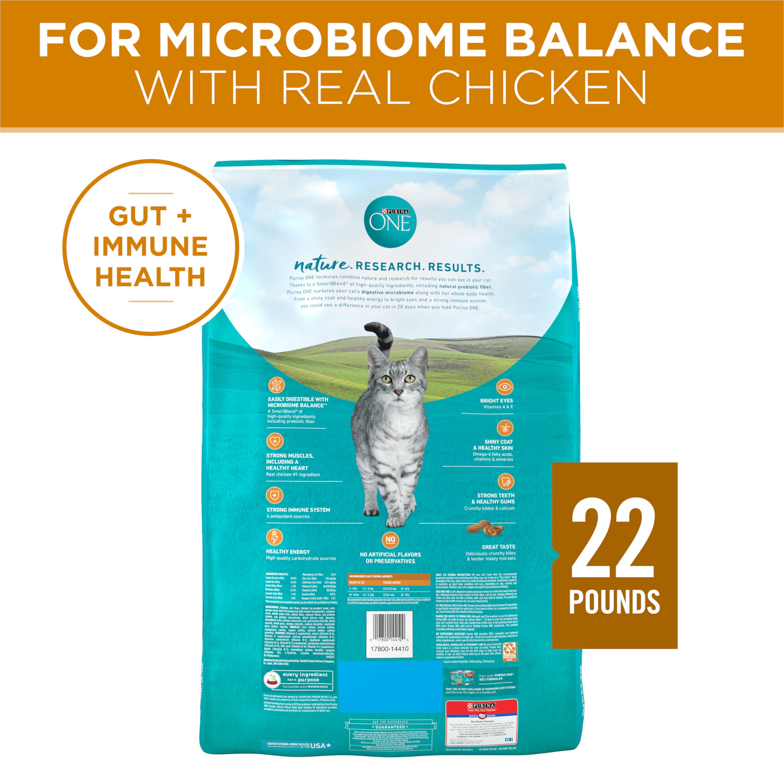 Purina ONE indique calories et tableau d’alimentation pour ajuster les portions.