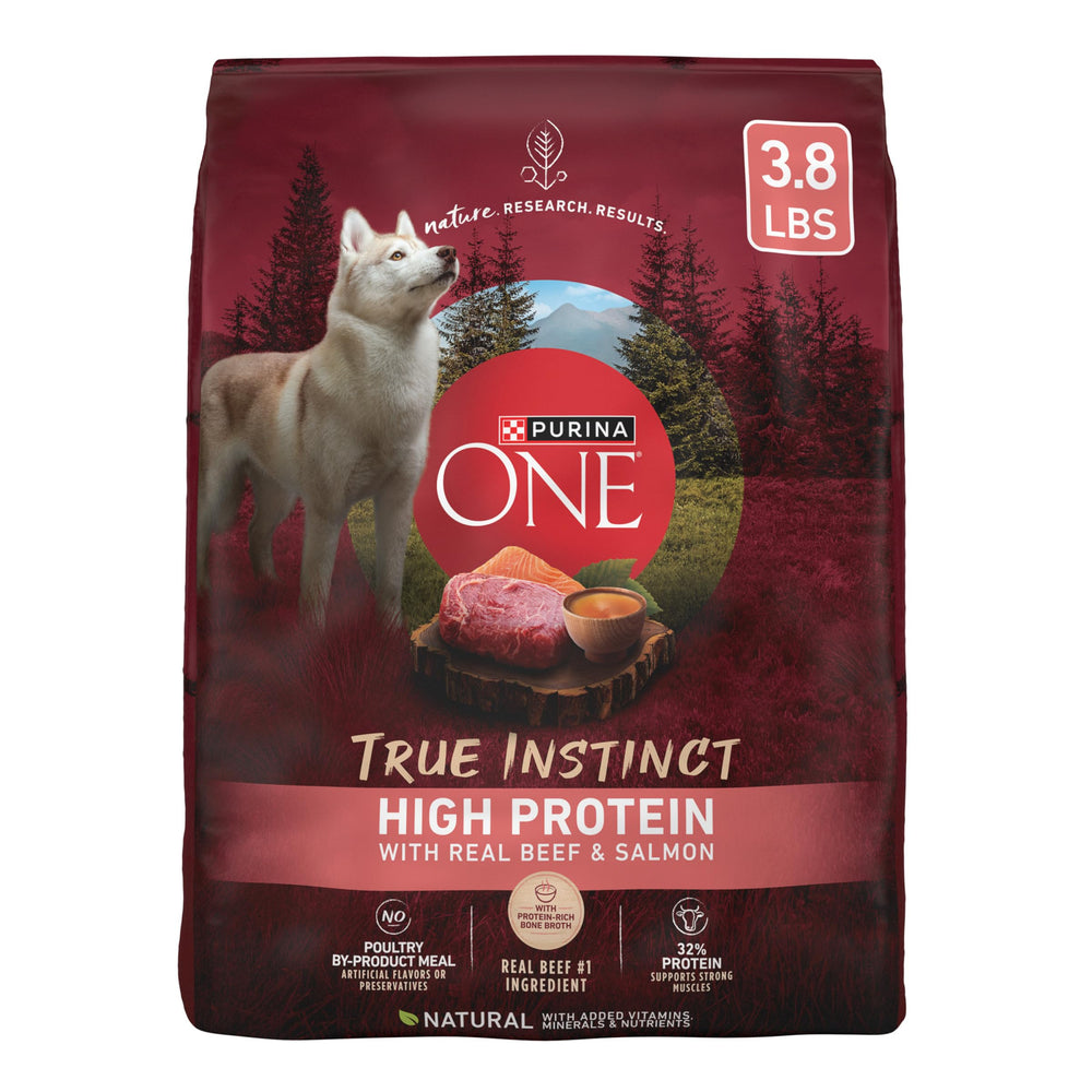Purina One True Instinct Boeuf Réel, 32% protéines pour muscles forts et énergie durable.