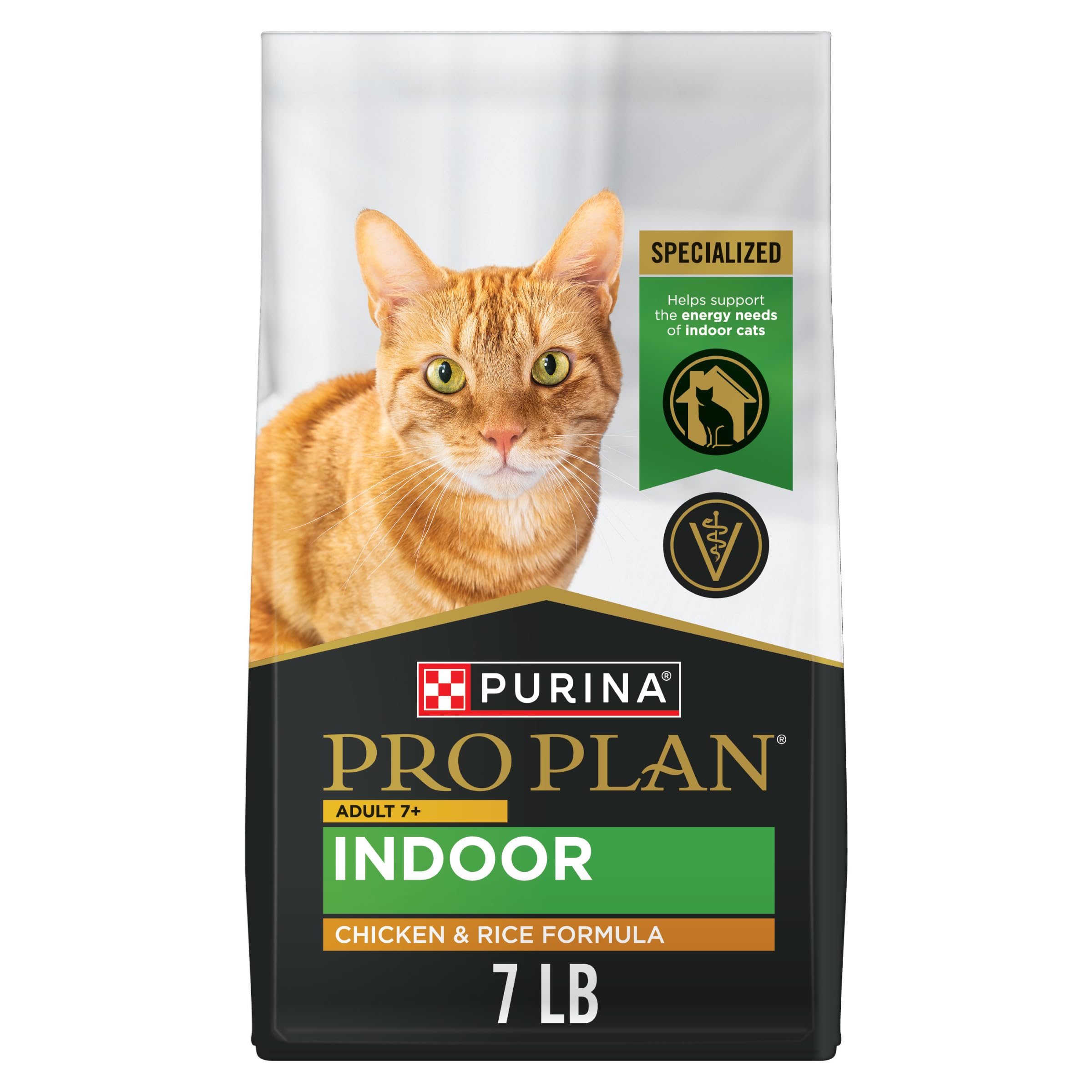 Purina Pro Plan Adult 7 Plus Indoor: sac de croquettes poulet et riz prêt à servir.