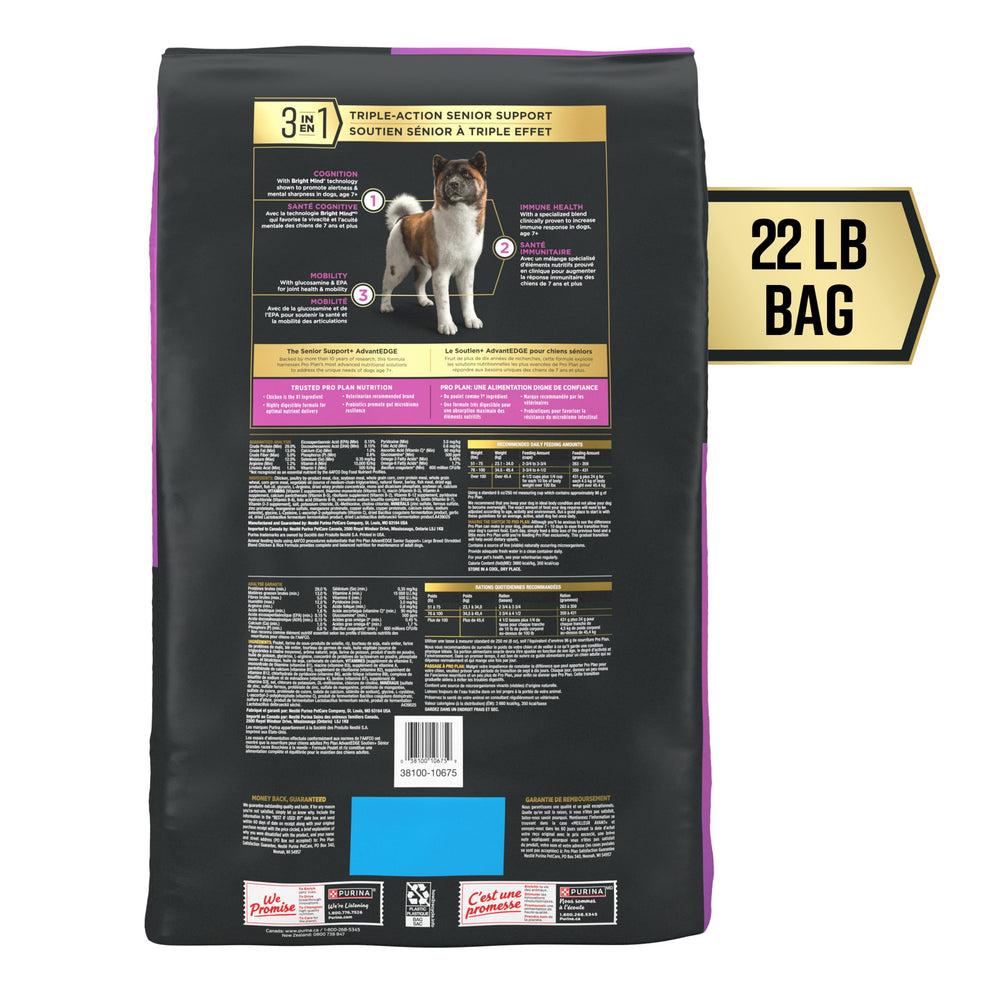 Purina Pro Plan AdvantEDGE croquettes hachees pour senior grande race, texture variee.
