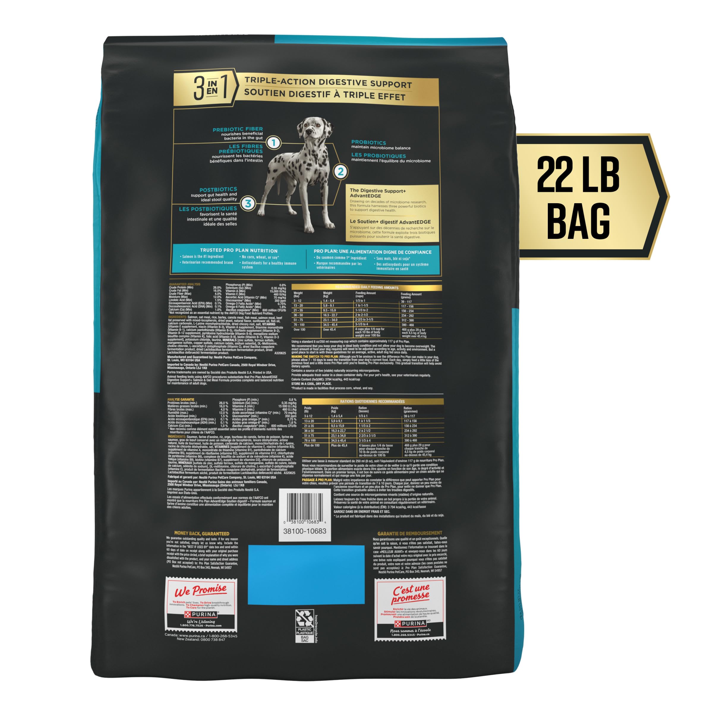 Purina Pro Plan AdvantEDGE, prébiotiques et probiotiques pour digestion optimale.