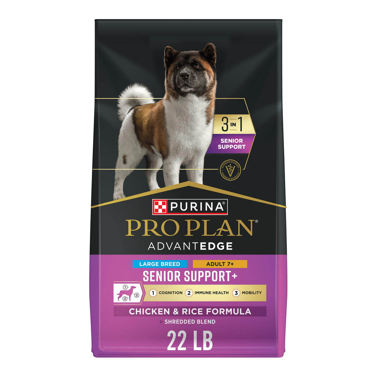 Purina Pro Plan AdvantEDGE 22 lb sac visible, soutien senior pour grande race.