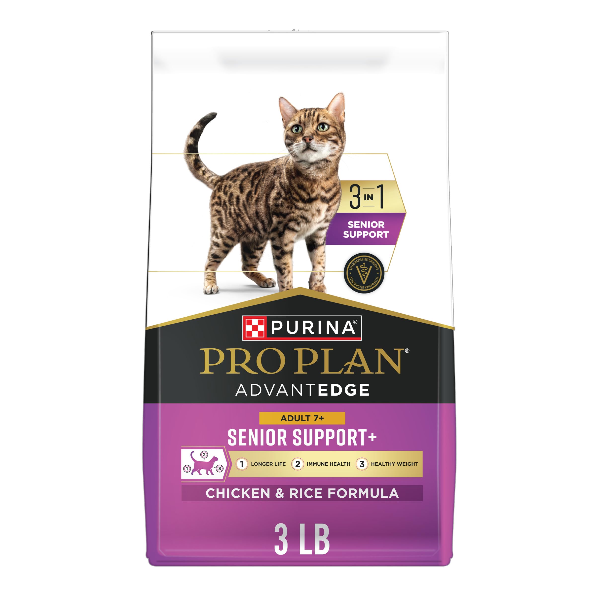 Purina Pro Plan AdvantEDGE Senior poulet-riz, croquettes appétentes pour chats âgés.