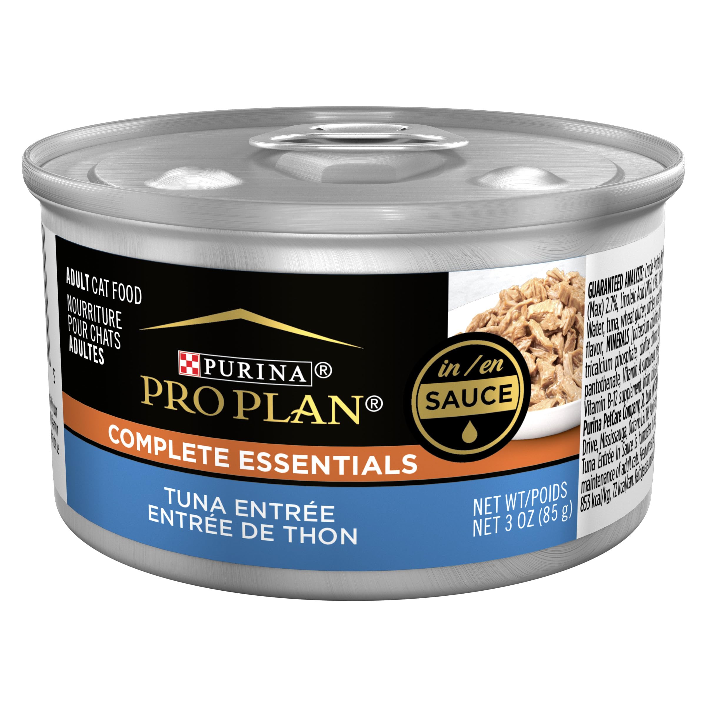 Purina Pro Plan – entrée thon en sauce en boîte 3oz, protéines élevées pour chats.