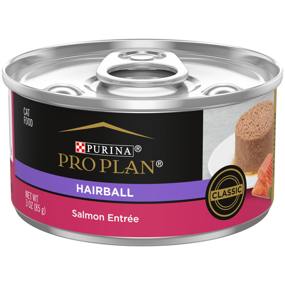 Purina Pro Plan Chat saumon pâté anti-boules, repère visuel et bénéfice potentiel.