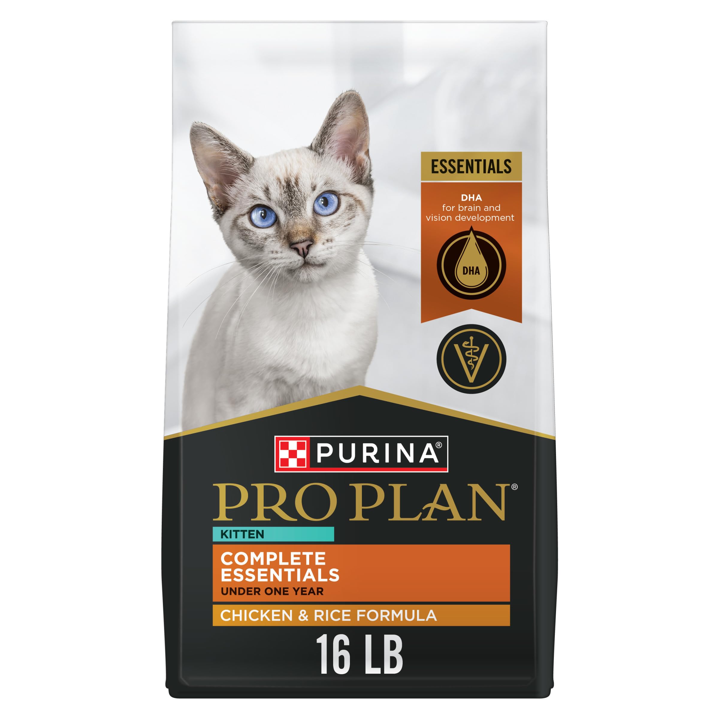 Purina Pro Plan Kitten croquettes poulet et riz, texture attrayante pour chaton actif.