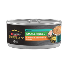 Boîte Purina Pro Plan Chiot Petite Race avec poulet et riz brun, repas humide appétissant.