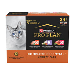 Pack varié Purina Pro Plan Complete Essentials avec pâté sans céréales pour chats actifs.