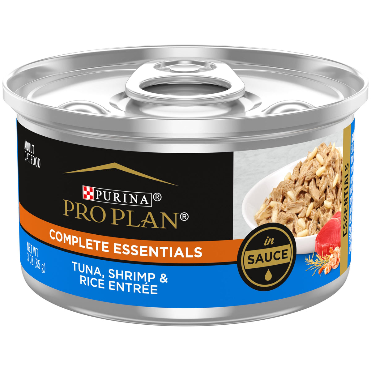 Purina Pro Plan Complete Essentials thon-crevettes-riz en sauce, boîte 3onces, repas équilibré.