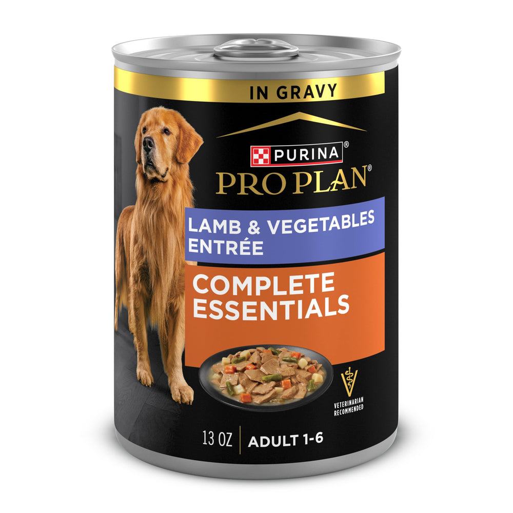 Purina Pro Plan Essentiels Complets agneau et légumes en sauce, peut soutenir les muscles maigres des chiens adultes.