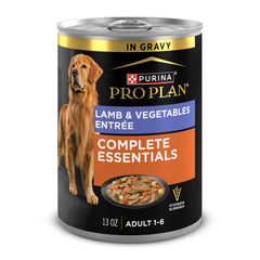 Purina Pro Plan Essentiels Complets agneau et légumes en sauce, peut soutenir les muscles maigres des chiens adultes.