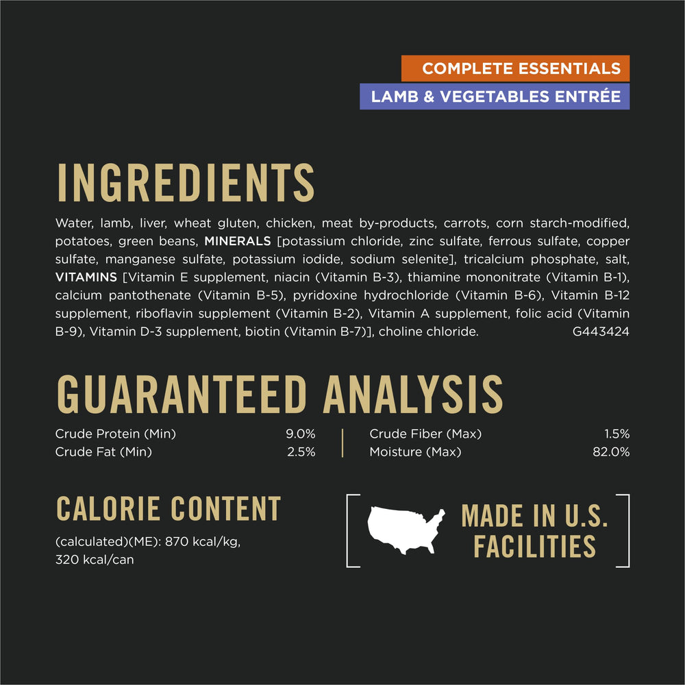 Purina Pro Plan Essentiels Complets nourriture humide chien adulte, agneau et légumes.